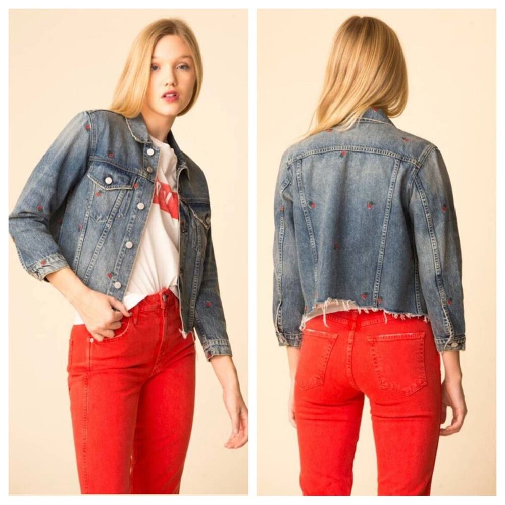 AMO Anthropologie Rosebud Embroidered Cropped Pop Denim Blue Jacket XS